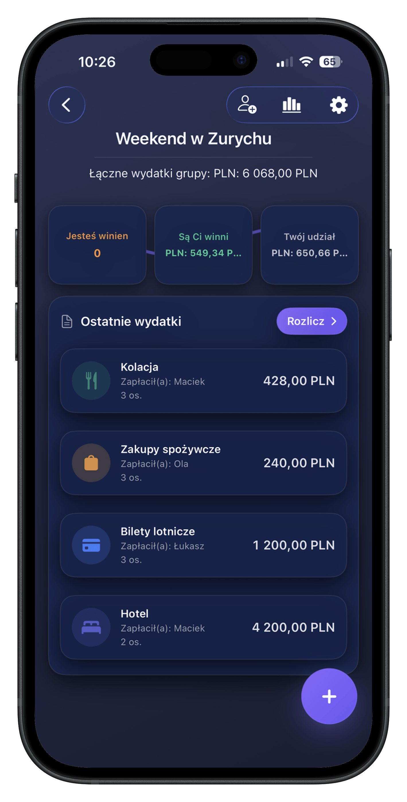 Ekran grupy Rozliczarka